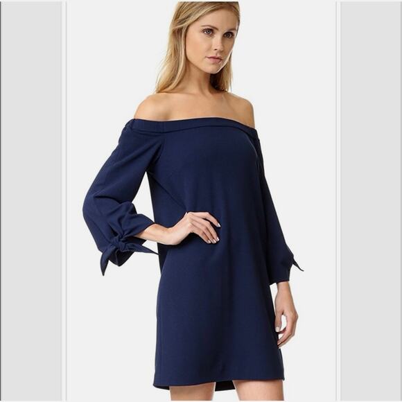 Tibi Dresses & Skirts - Tibi Off Shoulder Long Tie Sleeve 100% Cotton Shift Dress Navy Size 2